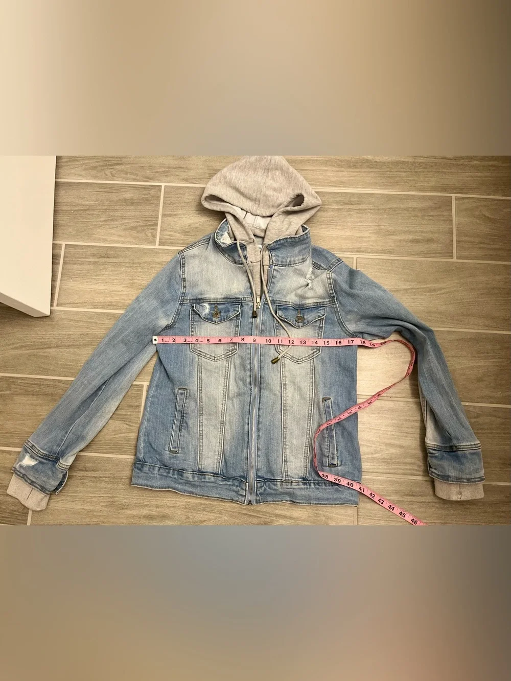 Grace & Lace Distressed denim jacket with removable hood